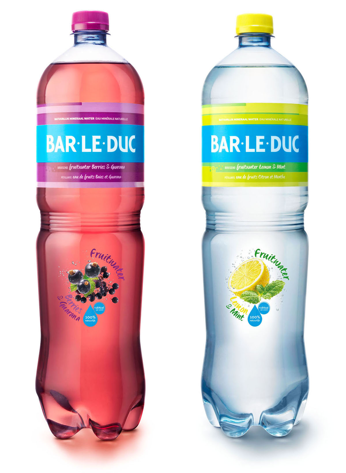 Packshots fotografie van Bar Le Duc's twee flessen fruitwater gemaakt door Studio_m Fotografie Amsterdam