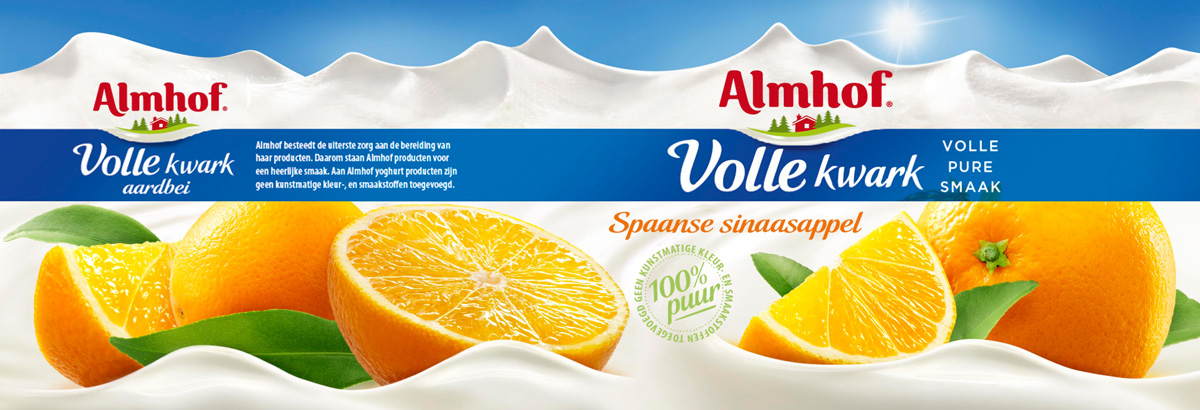 Packaging fotografie van Almhof's volle kwark met Spaanse sinaasappel smaak gemaakt door Studio_m Fotografie Amsterdam