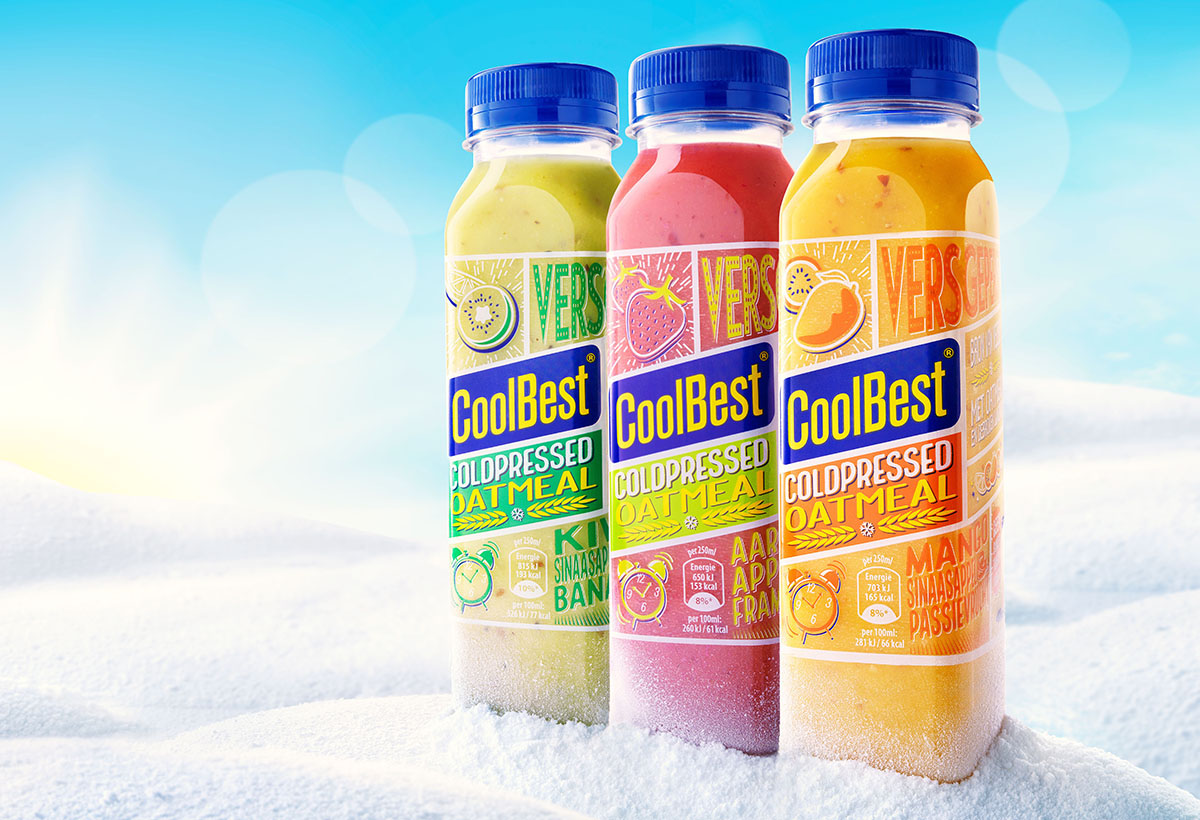 Drinks photography of three of CoolBest's smoothie bottles made by Studio_m Photography Amsterdam
