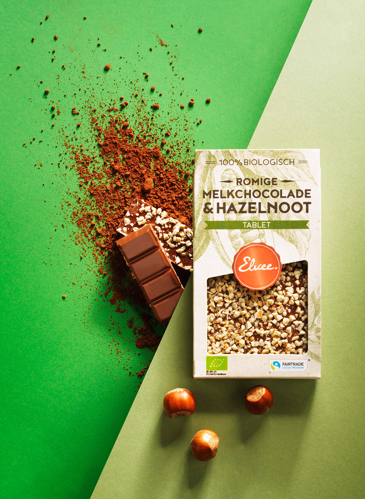 Product photography of Elvee's hazelnut chocolate flavor made by Studio_m Photography Amsterdam