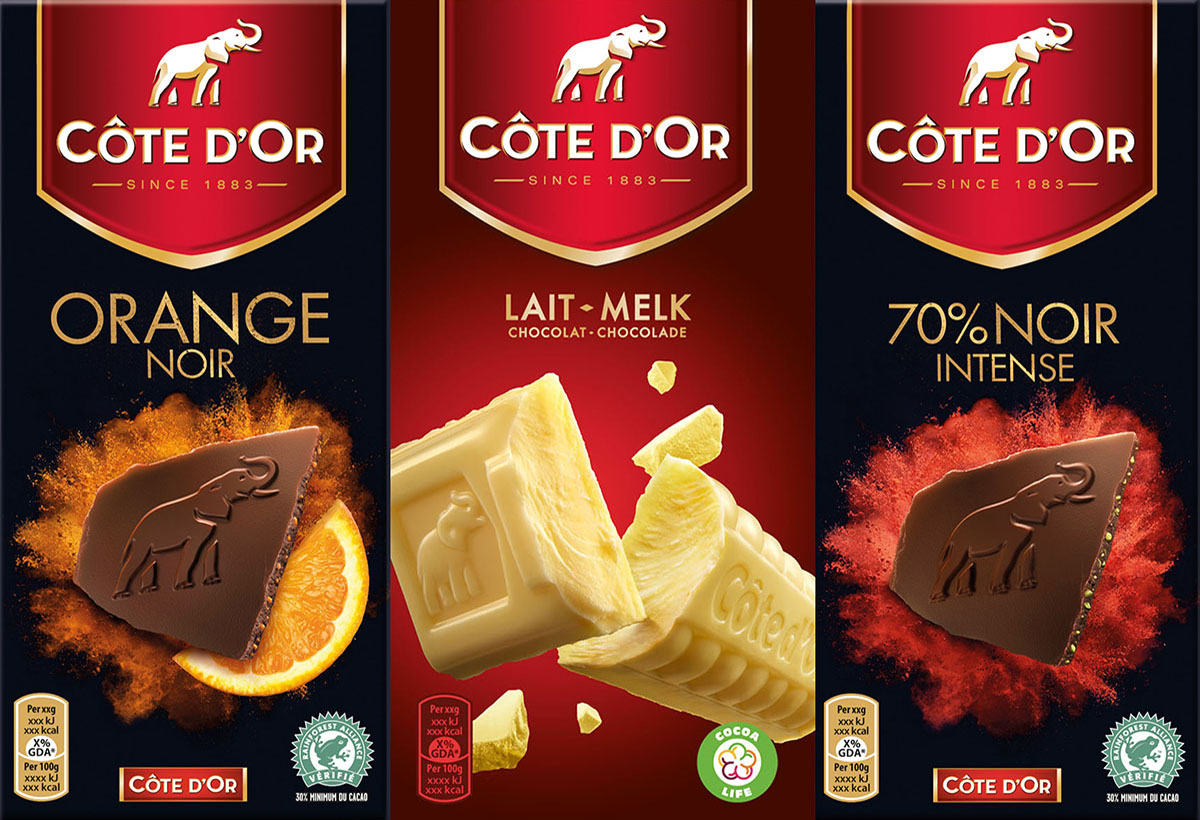 Packaging styling photography of three of Cote d'or's different chocolates made by Studio_m Photography Amsterdam