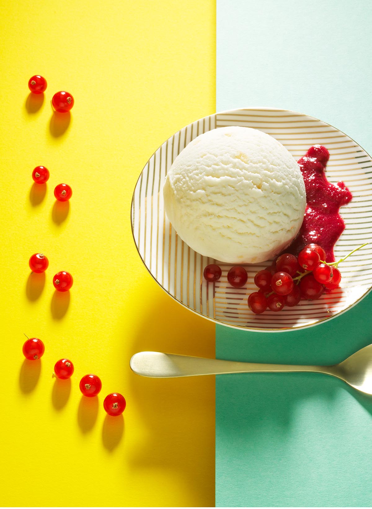 Food styling fotografie van een bord met vanille ijs icm cranberries en een lepel gemaakt door Studio_m Fotografie Amsterdam