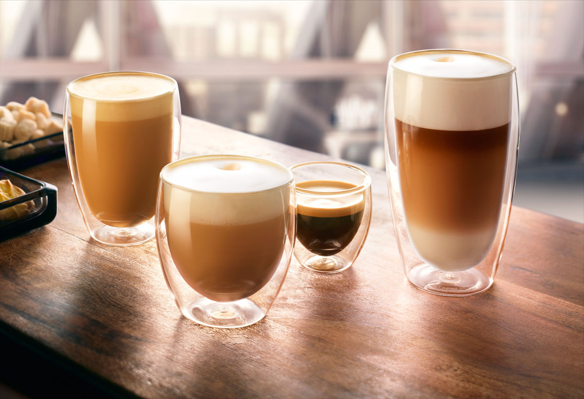 Drinks styling photography of JDE's four different sizes cups of coffee made by Studio_m Photography Amsterdam