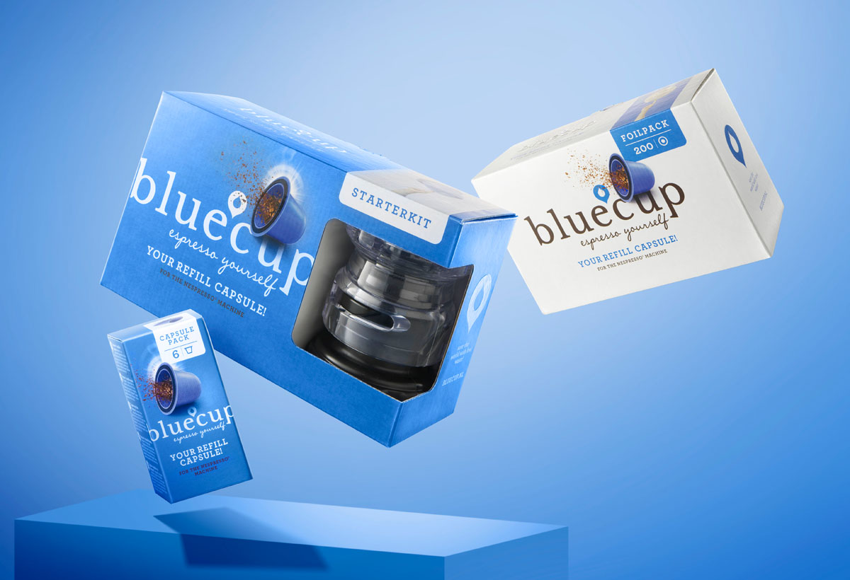 Dynamic and colorful product photo of Blue Cup coffee cups by STUDIO_M