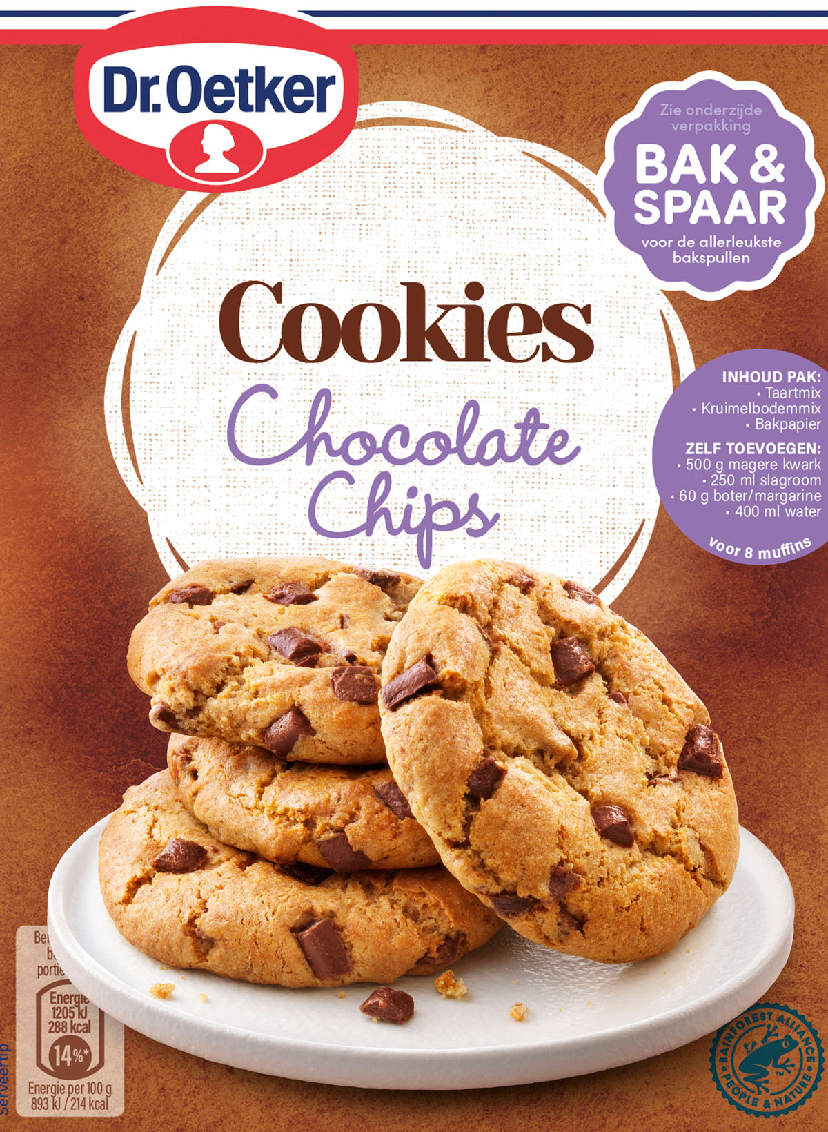 Verpakkingsfotografie van Dr Oetker chocolate chips cookies door STUDIO_M foodfotograaf