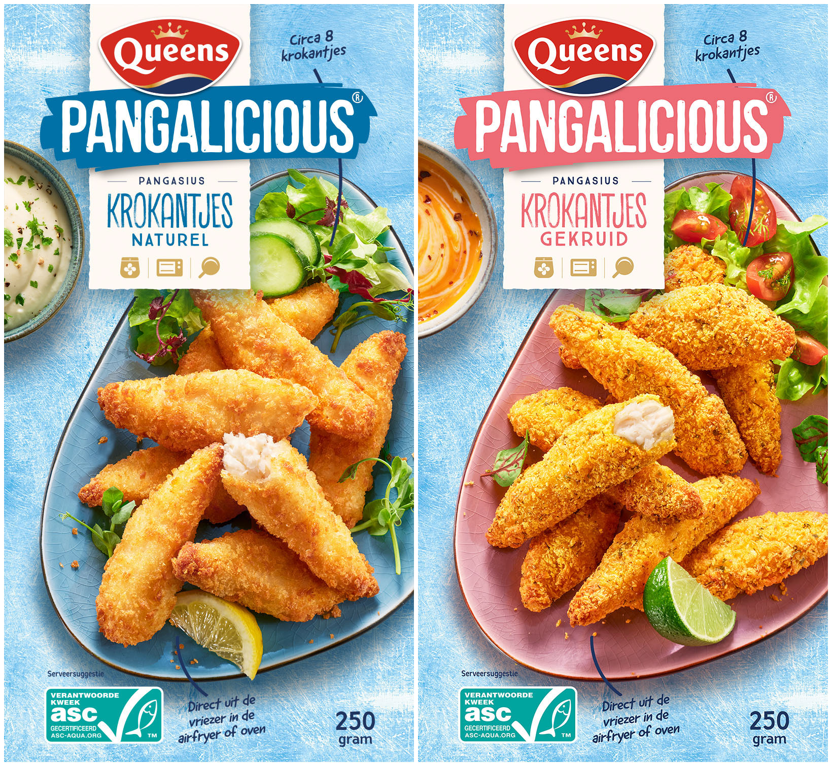 Packaging of Queen's Viskrokantjes featuring perfectly styled golden-brown breaded fish fingers, showcasing the crispy crust and tender fish inside, surrounded by props matching the packaging design's color scheme.