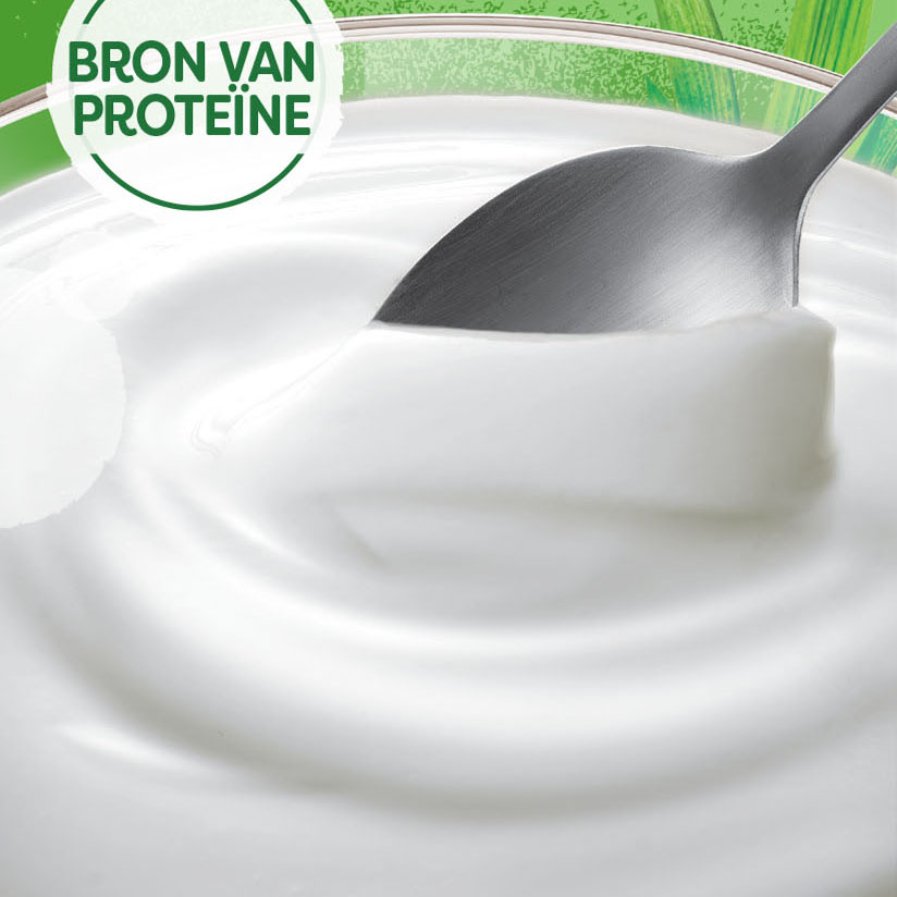 Yoghurt packaging close-up of yoghurt bowl with spoon and design details.