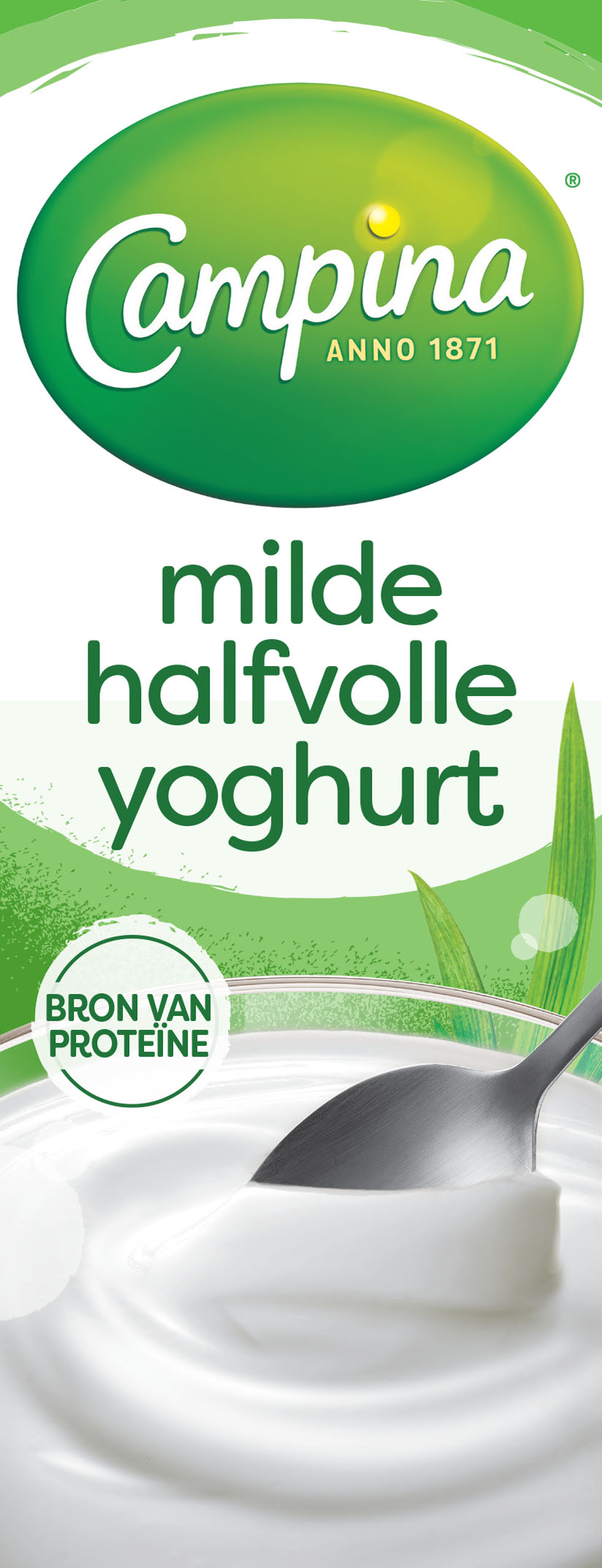 Facing of a yoghurt package detail with creamy yoghurt texture, spoon entering from top right, and surrounding design elements visible.